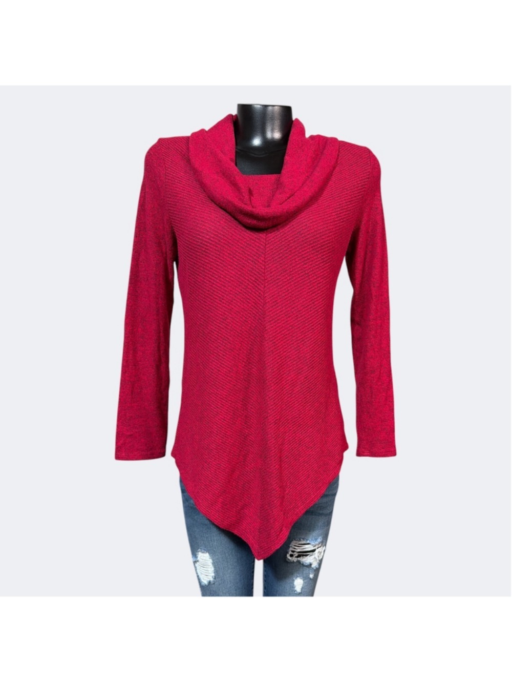 IZ Byer Red Cowl Neck Sweater sz Medium Handkerchief Hem Warm Cozy Soft Holiday